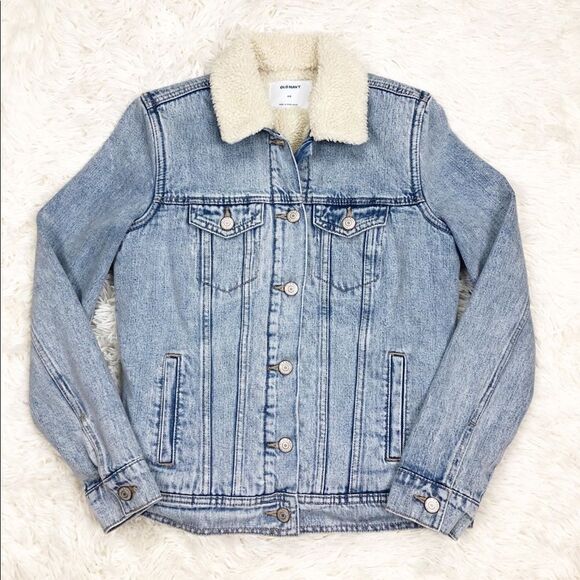 Old Navy Light Wash Denim Jean Sherpa Jacket XS - Picture 1 of 6